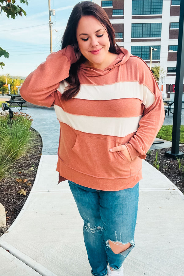 Feeling Playful Rust Stripe Color Block French Terry Hoodie - Coeur de la Mode