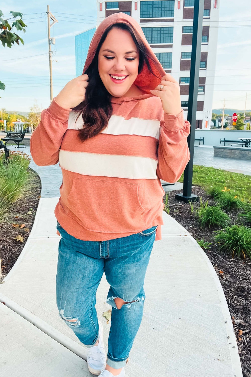 Feeling Playful Rust Stripe Color Block French Terry Hoodie - Coeur de la Mode