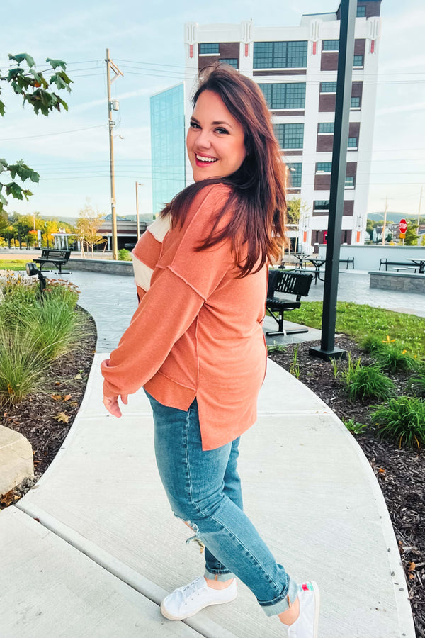 Feeling Playful Rust Stripe Color Block French Terry Hoodie - Coeur de la Mode