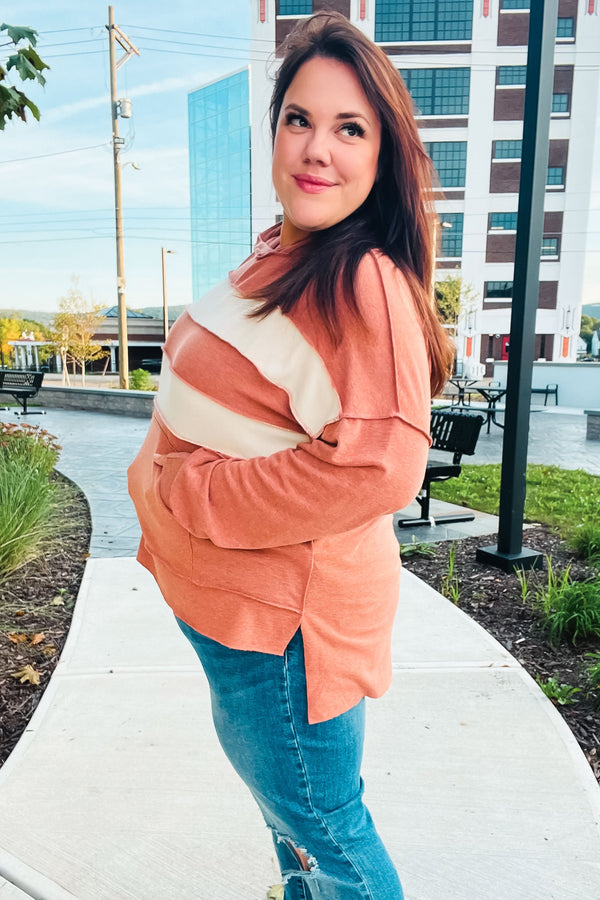 Feeling Playful Rust Stripe Color Block French Terry Hoodie - Coeur de la Mode