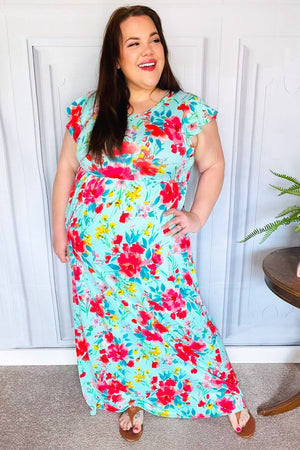 What A Vision Aqua Floral Fit & Flare Maxi Dress - Coeur de la Mode