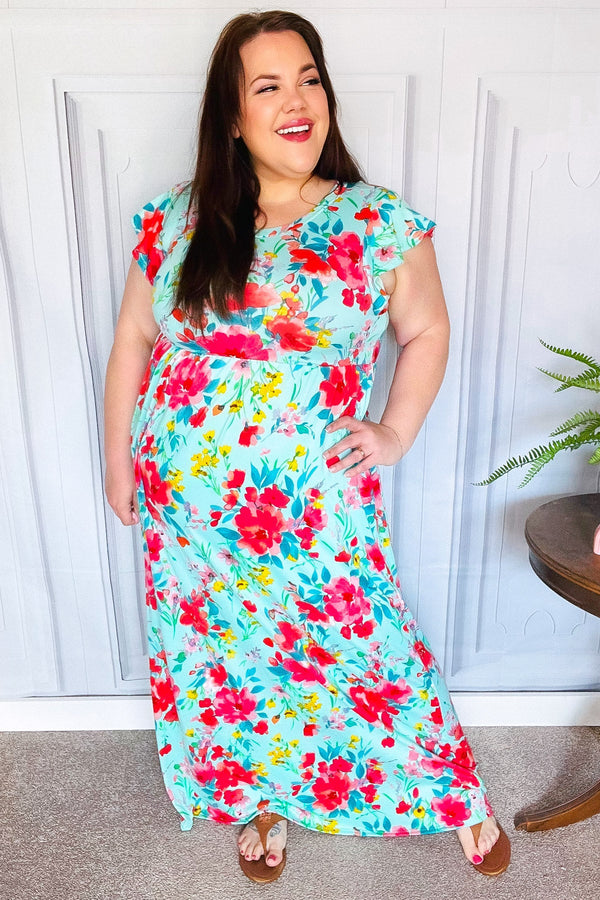 What A Vision Aqua Floral Fit & Flare Maxi Dress - Coeur de la Mode
