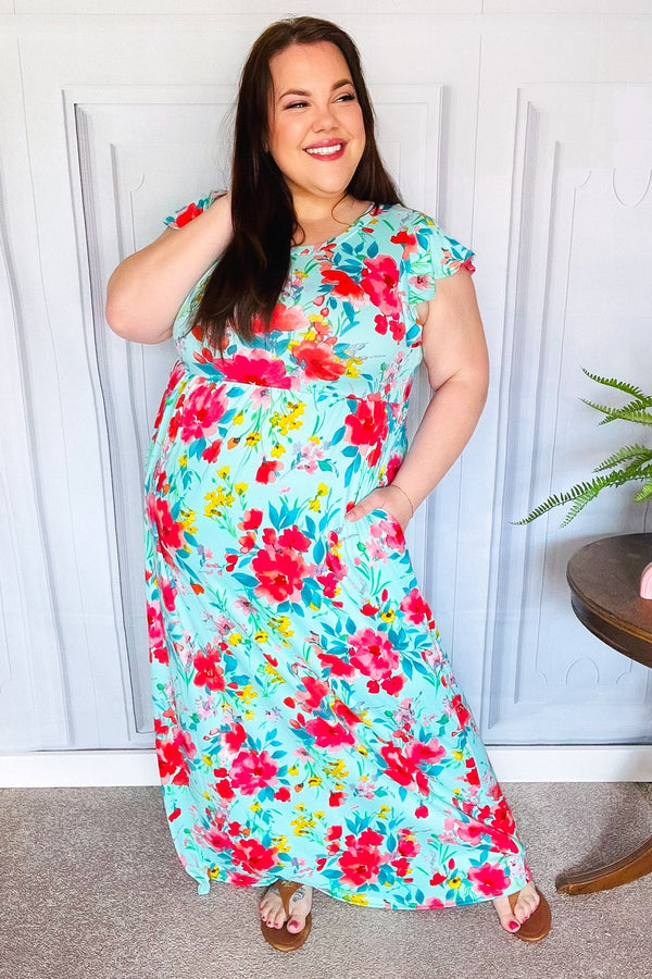 What A Vision Aqua Floral Fit & Flare Maxi Dress - Coeur de la Mode