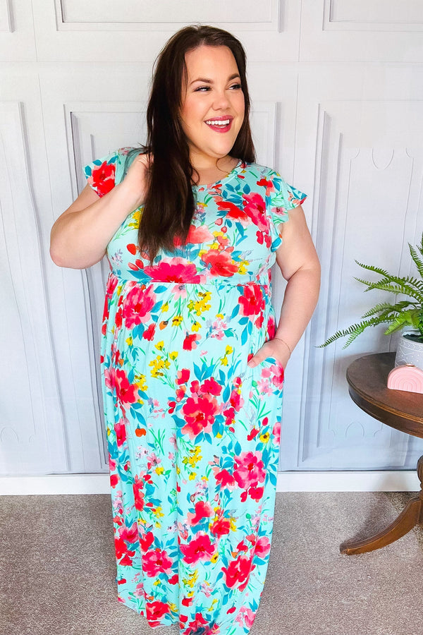 What A Vision Aqua Floral Fit & Flare Maxi Dress - Coeur de la Mode