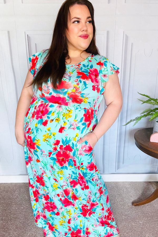 What A Vision Aqua Floral Fit & Flare Maxi Dress - Coeur de la Mode