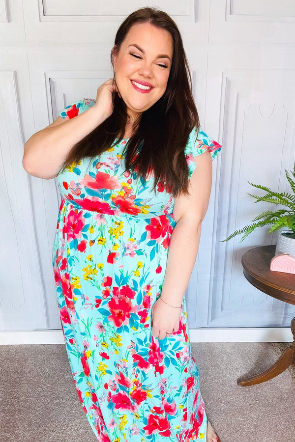 What A Vision Aqua Floral Fit & Flare Maxi Dress - Coeur de la Mode