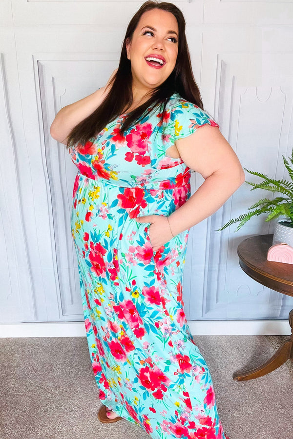 What A Vision Aqua Floral Fit & Flare Maxi Dress - Coeur de la Mode
