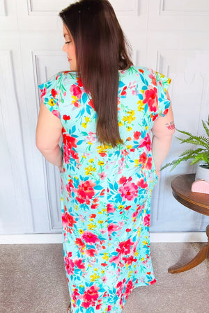 What A Vision Aqua Floral Fit & Flare Maxi Dress - Coeur de la Mode