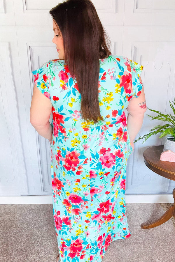 What A Vision Aqua Floral Fit & Flare Maxi Dress - Coeur de la Mode