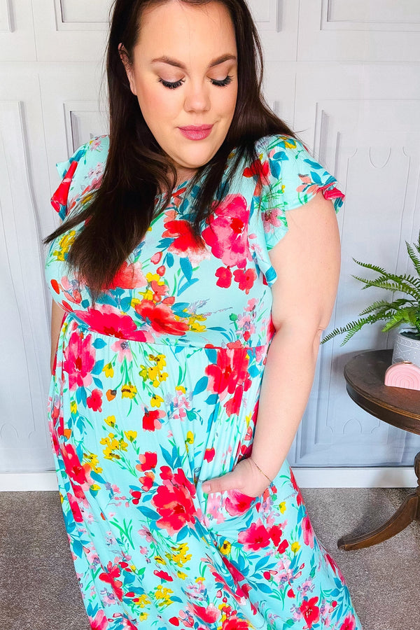 What A Vision Aqua Floral Fit & Flare Maxi Dress - Coeur de la Mode