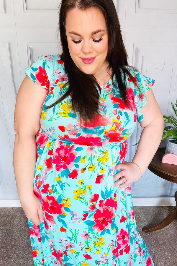 What A Vision Aqua Floral Fit & Flare Maxi Dress - Coeur de la Mode