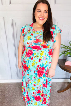 What A Vision Aqua Floral Fit & Flare Maxi Dress - Coeur de la Mode