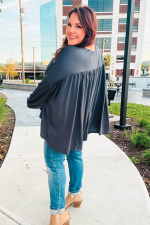 Casual Chic Charcoal V Neck Yoke Modal Knit Top - Coeur de la Mode