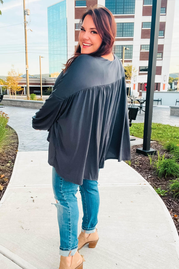 Casual Chic Charcoal V Neck Yoke Modal Knit Top - Coeur de la Mode