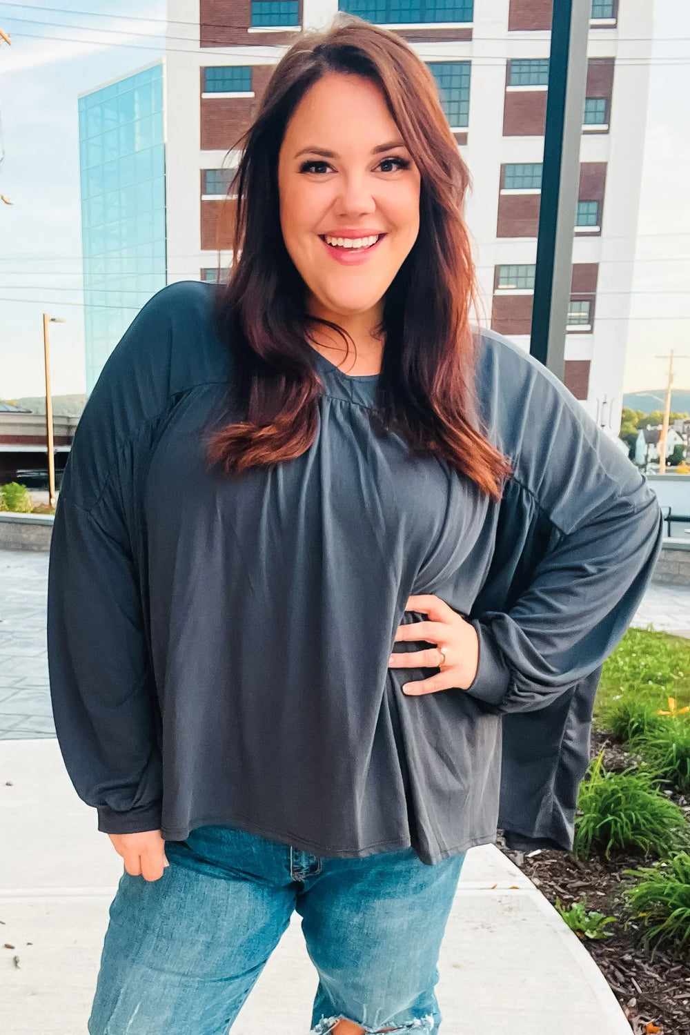 Casual Chic Charcoal V Neck Yoke Modal Knit Top - Coeur de la Mode