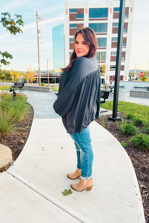 Casual Chic Charcoal V Neck Yoke Modal Knit Top - Coeur de la Mode