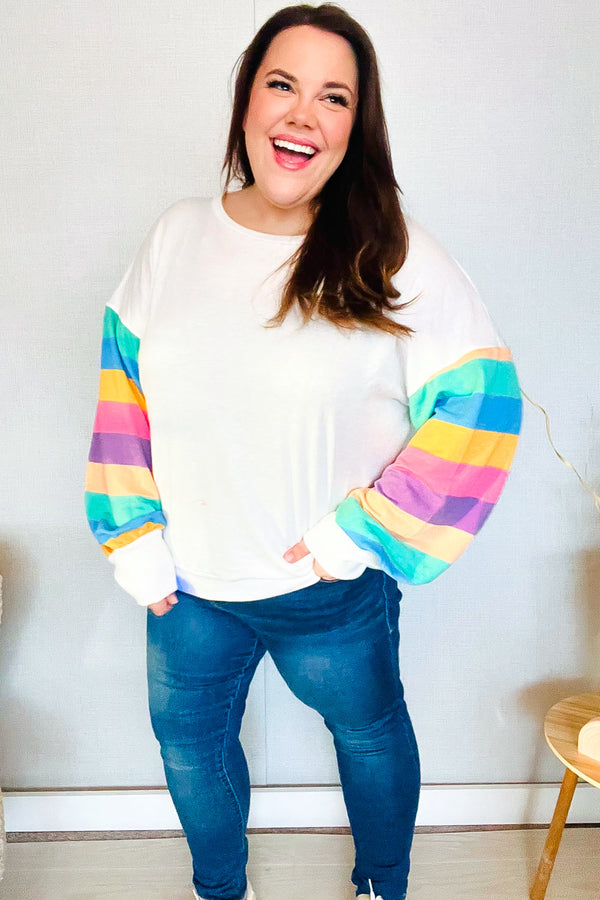 Stand Out Cream Stripe Drop Shoulder Hacci Knit Pullover - Coeur de la Mode
