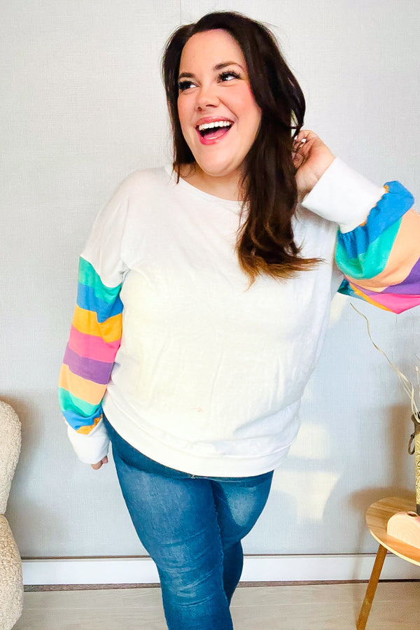 Stand Out Cream Stripe Drop Shoulder Hacci Knit Pullover - Coeur de la Mode