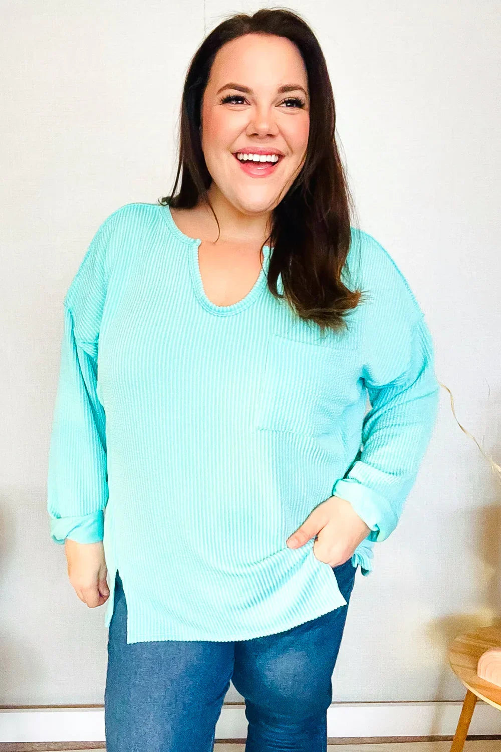 Eyes On You Seafoam Mineral Wash Rib Notch Neck Pocket Top - Coeur de la Mode