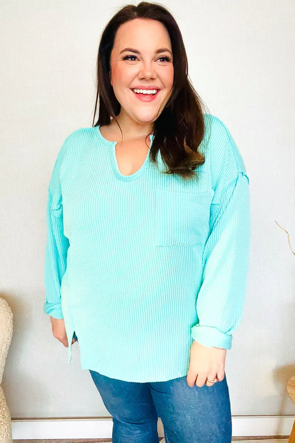 Eyes On You Seafoam Mineral Wash Rib Notch Neck Pocket Top - Coeur de la Mode