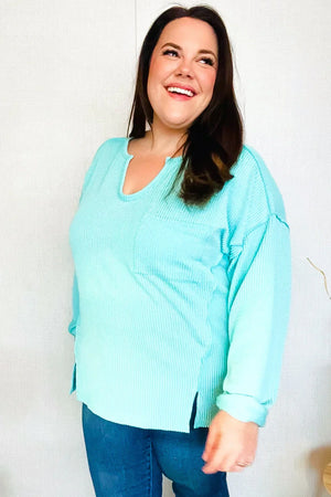 Eyes On You Seafoam Mineral Wash Rib Notch Neck Pocket Top - Coeur de la Mode