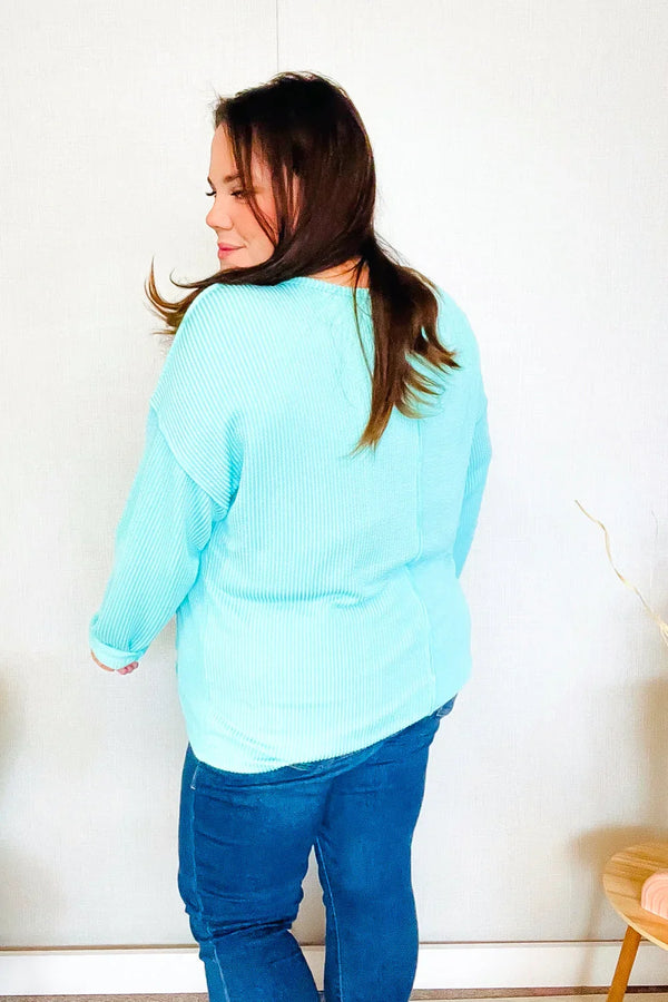 Eyes On You Seafoam Mineral Wash Rib Notch Neck Pocket Top - Coeur de la Mode