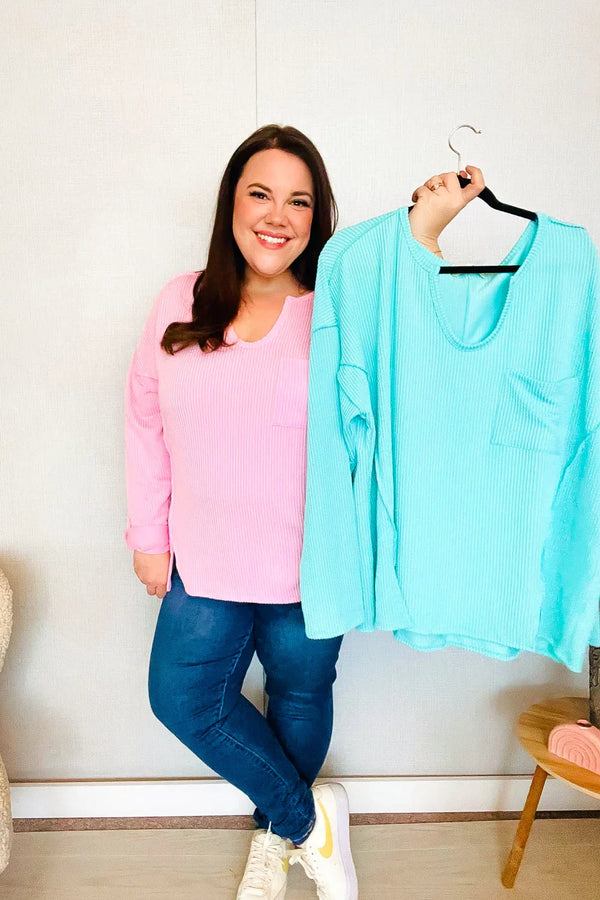 Eyes On You Seafoam Mineral Wash Rib Notch Neck Pocket Top - Coeur de la Mode