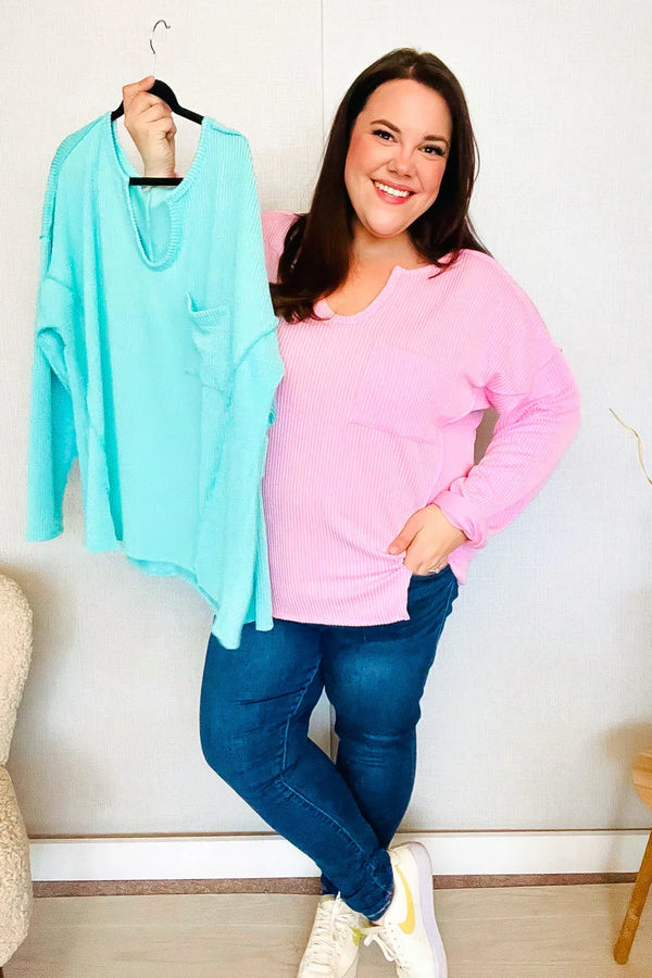 Eyes On You Seafoam Mineral Wash Rib Notch Neck Pocket Top - Coeur de la Mode