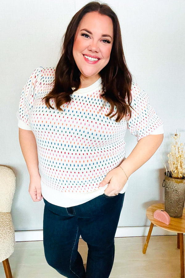 Spread Joy Ivory & Multicolor Jacquard Bubble Sleeve Sweater - Coeur de la Mode