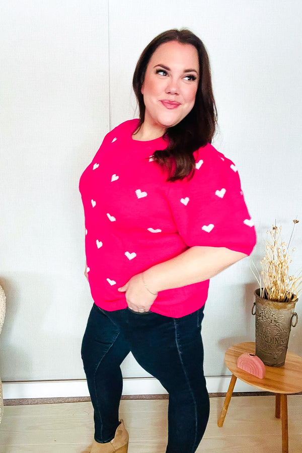 Be Mine Pink & White Heart Oversized Jacquard Sweater - Coeur de la Mode