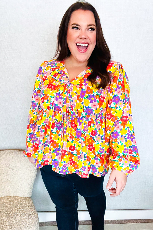 Chasing Dreams Ribbon Tie Bow Babydoll Puff Elastic Sleeve Floral Top - Coeur de la Mode