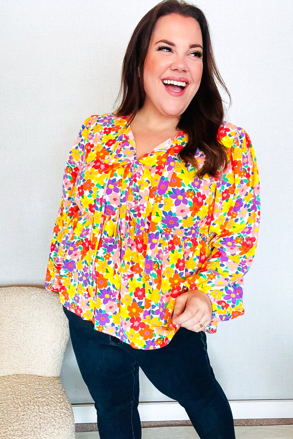 Chasing Dreams Ribbon Tie Bow Babydoll Puff Elastic Sleeve Floral Top - Coeur de la Mode
