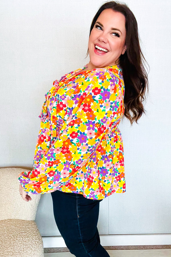 Chasing Dreams Ribbon Tie Bow Babydoll Puff Elastic Sleeve Floral Top - Coeur de la Mode