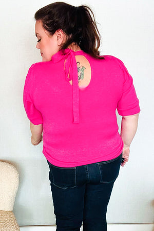 Pretty In Pink Mock Neck With Back Ribbon Bow Tie Sweater Top - Coeur de la Mode