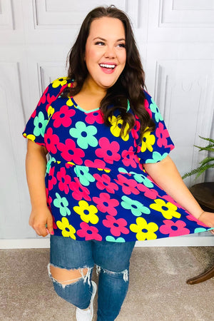 Sunny Days Navy Flat Floral Bubble Sleeve Babydoll Top - Coeur de la Mode