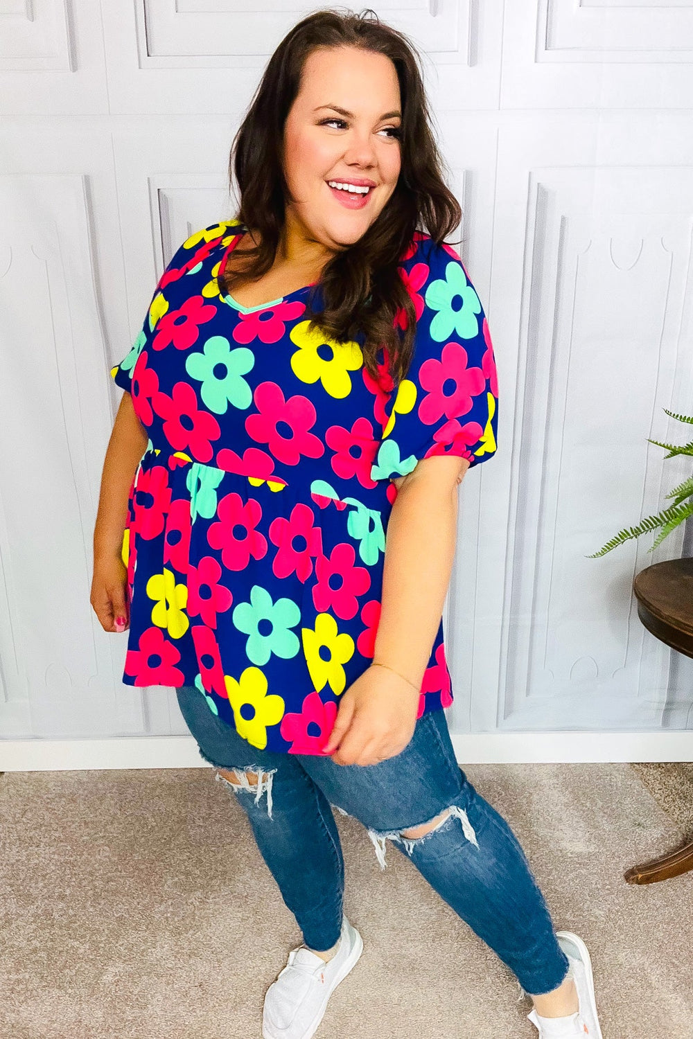 Sunny Days Navy Flat Floral Bubble Sleeve Babydoll Top - Coeur de la Mode