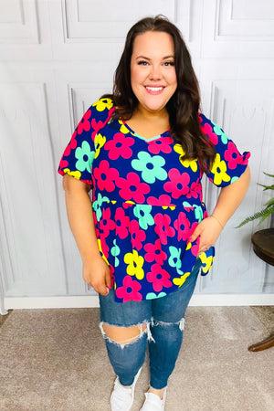 Sunny Days Navy Flat Floral Bubble Sleeve Babydoll Top - Coeur de la Mode