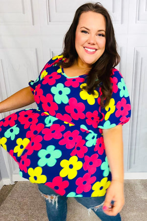 Sunny Days Navy Flat Floral Bubble Sleeve Babydoll Top - Coeur de la Mode