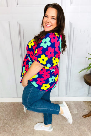 Sunny Days Navy Flat Floral Bubble Sleeve Babydoll Top - Coeur de la Mode