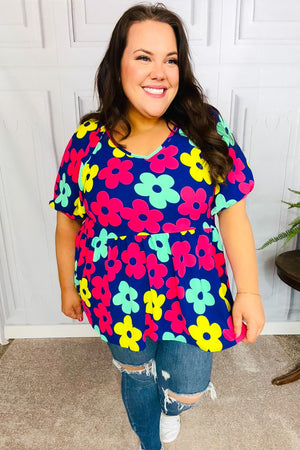 Sunny Days Navy Flat Floral Bubble Sleeve Babydoll Top - Coeur de la Mode