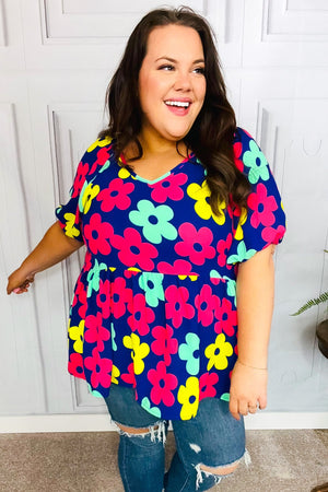 Sunny Days Navy Flat Floral Bubble Sleeve Babydoll Top - Coeur de la Mode