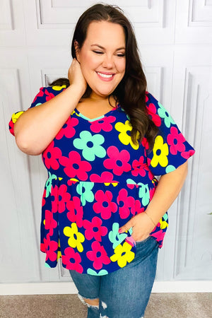 Sunny Days Navy Flat Floral Bubble Sleeve Babydoll Top - Coeur de la Mode