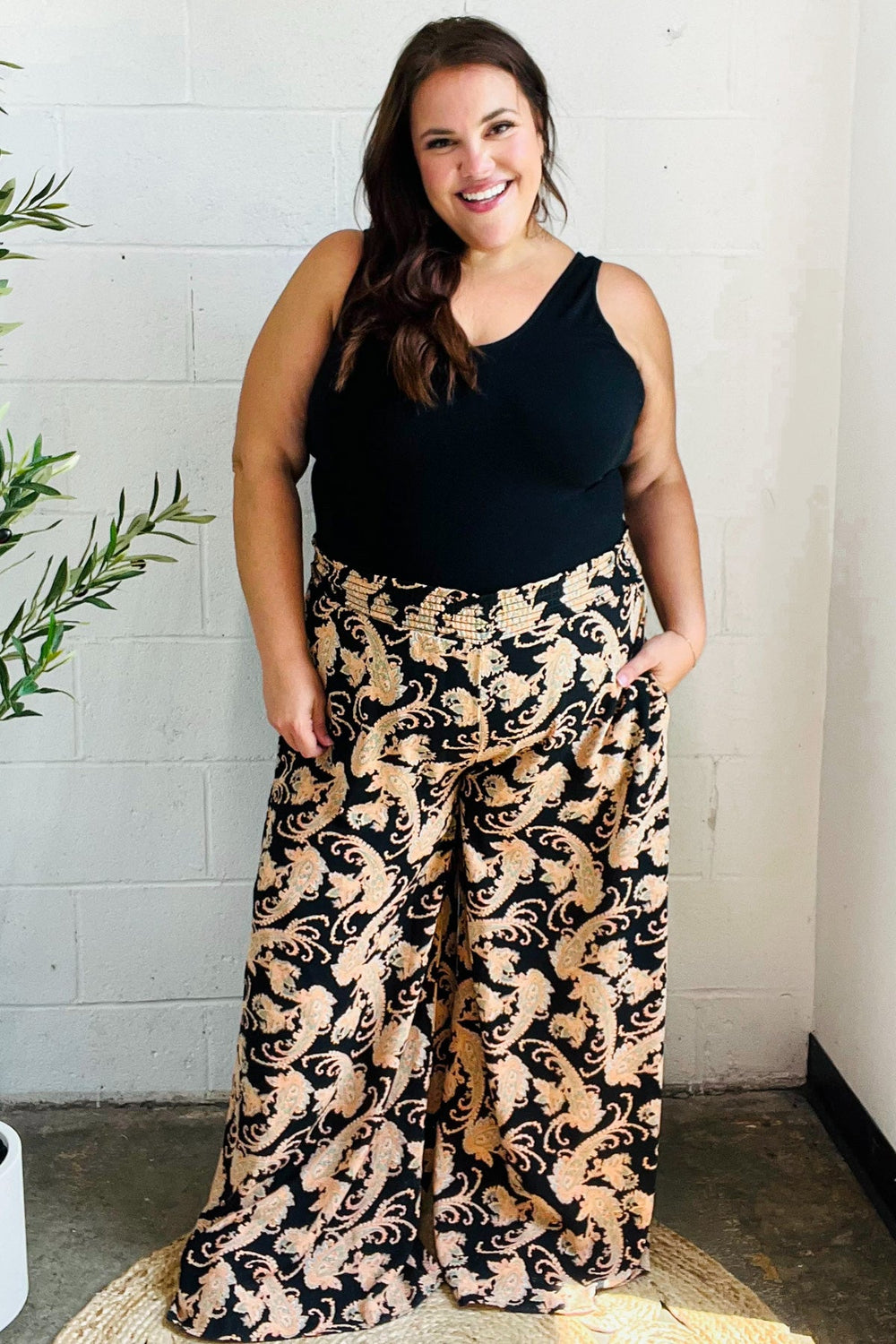 Fall Vibes Black Paisley Print Smocked Waist Palazzo Pants - Coeur de la Mode