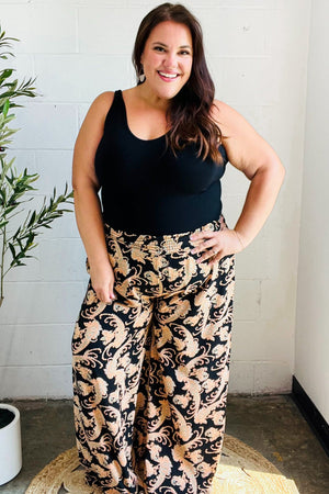 Fall Vibes Black Paisley Print Smocked Waist Palazzo Pants - Coeur de la Mode