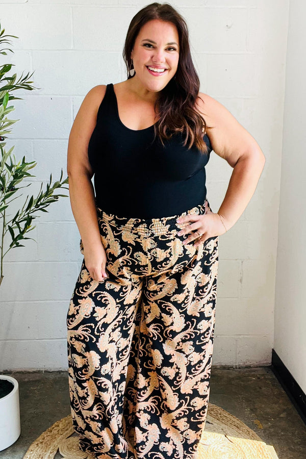 Fall Vibes Black Paisley Print Smocked Waist Palazzo Pants - Coeur de la Mode