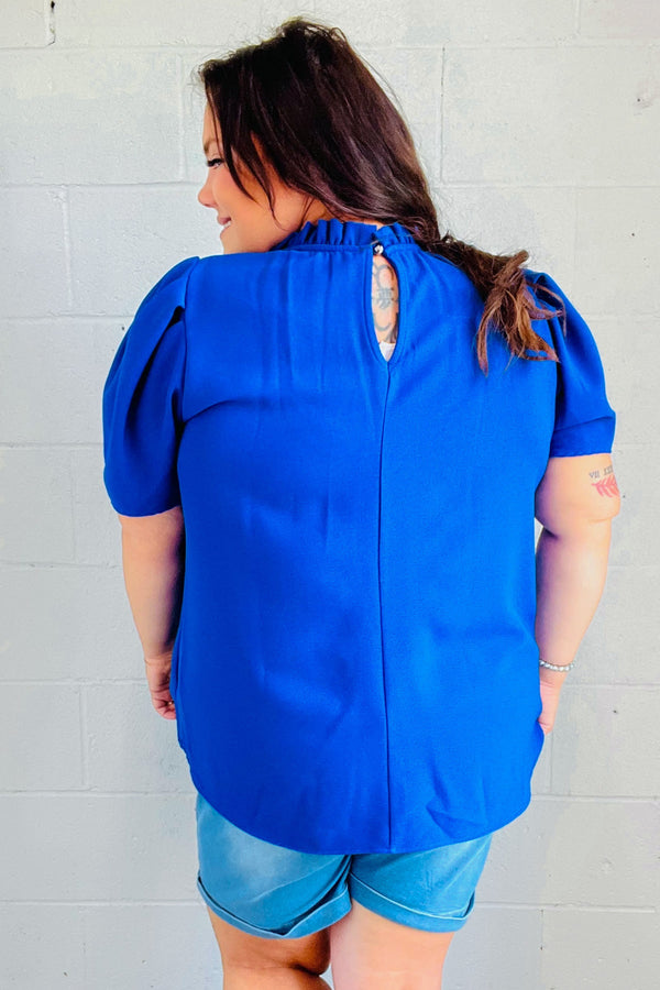 Lovely In Holiday Blue Frill Mock Neck Woven Top - Coeur de la Mode