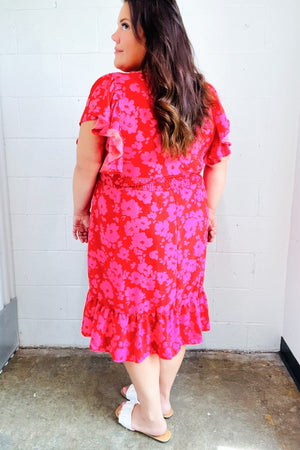 Remember Me Red & Pink Floral Print Smocked Waist Midi Dress - Coeur de la Mode