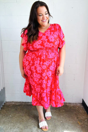 Remember Me Red & Pink Floral Print Smocked Waist Midi Dress - Coeur de la Mode