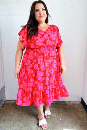 Remember Me Red & Pink Floral Print Smocked Waist Midi Dress - Coeur de la Mode