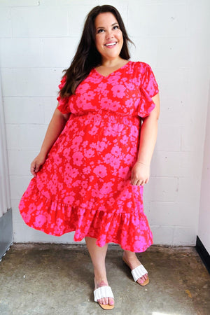 Remember Me Red & Pink Floral Print Smocked Waist Midi Dress - Coeur de la Mode